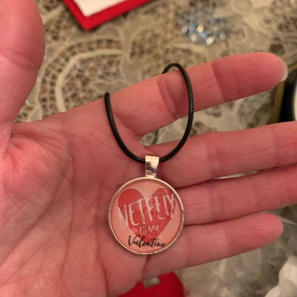 NETFLIX is my Valentine- silvertone pendant with vegan leather cord - Picture 1 of 2
